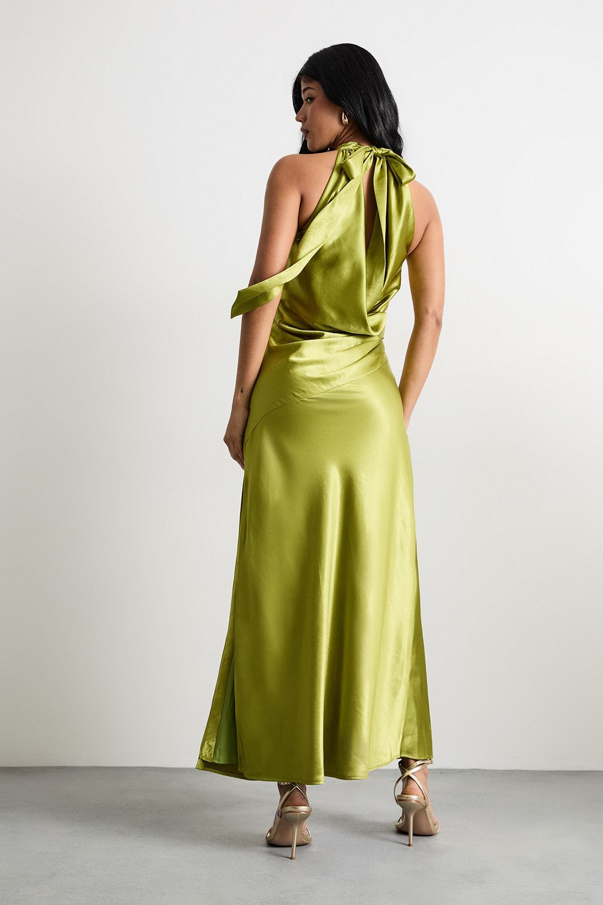 Warehouse Warehouse Women's Satin Tie Neck Cowl Front Maxi Dress in Olive - 3