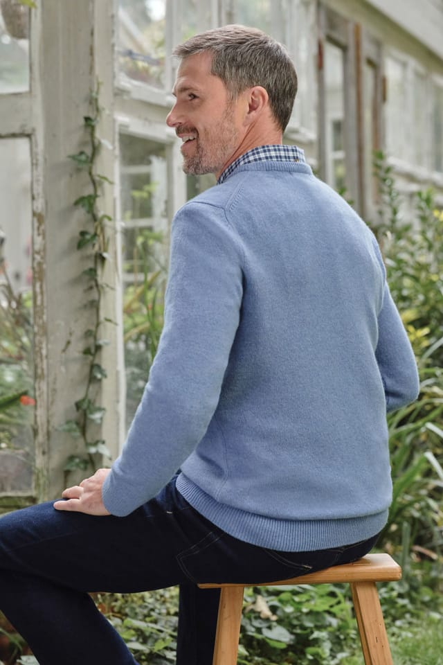 WoolOvers WoolOvers Men's Lambswool Classic Crew Jumper in Blue - 3