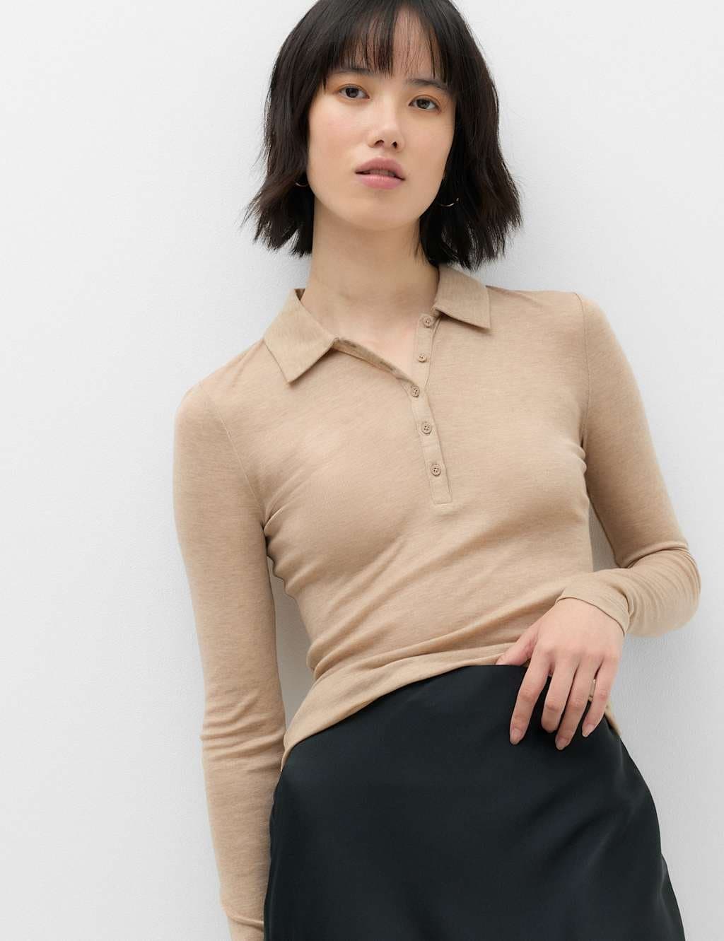 Marks & Spencer M&S Lyocell Blend Collared Top with Wool Neutral