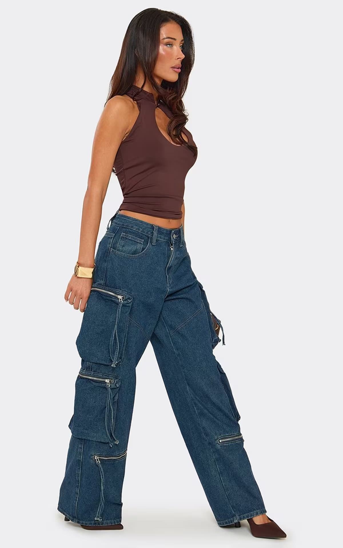 EGO Low Rise Zip Pocket Detail Wide Leg Cargo Jeans In Vintage Blue Denim, Women's Size UK 6