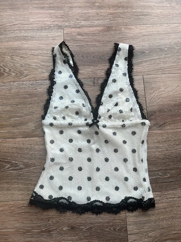 Bershka Cream And Black Polka Dot Sequin Cami Top