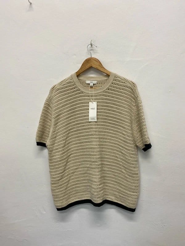 Marks & Spencer Cream Crochet Knit Top with Black Trim
