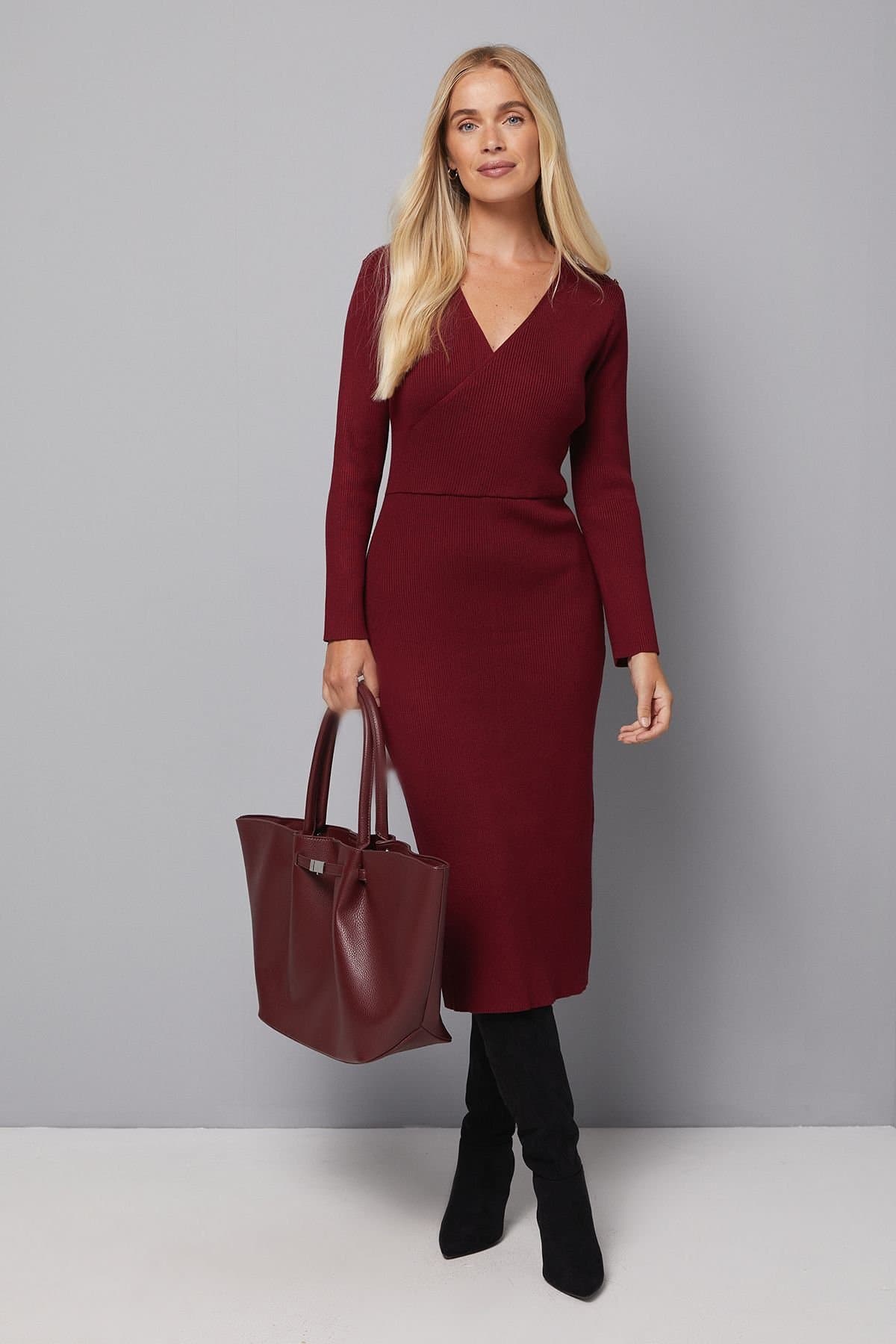 Wallis Wallis Women's Petite Asymmetric Rib Knitted Dress in Berry