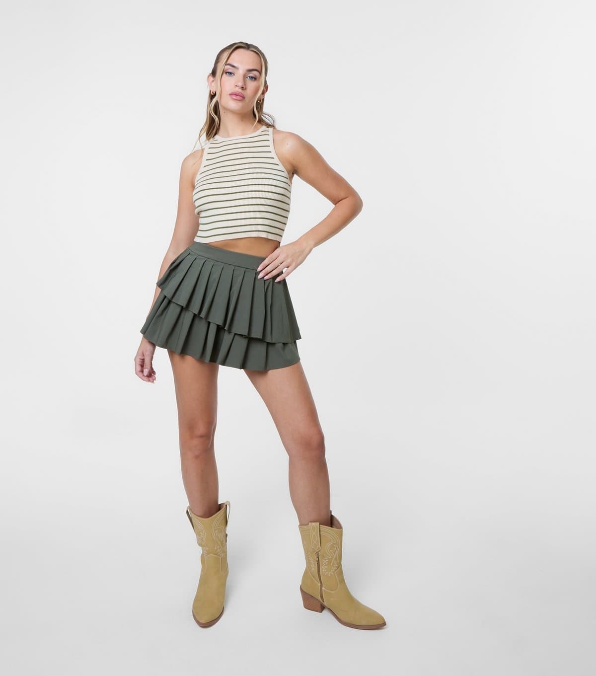Pink Vanilla Women's Khaki Pleated Asymmetric Mini Skirt Pink Vanilla New Look