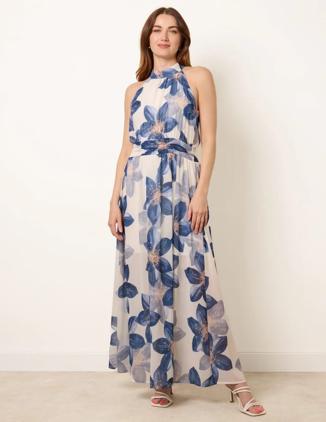 Blue Vanilla Floral Print Halter Neck Occasion Dress - 2