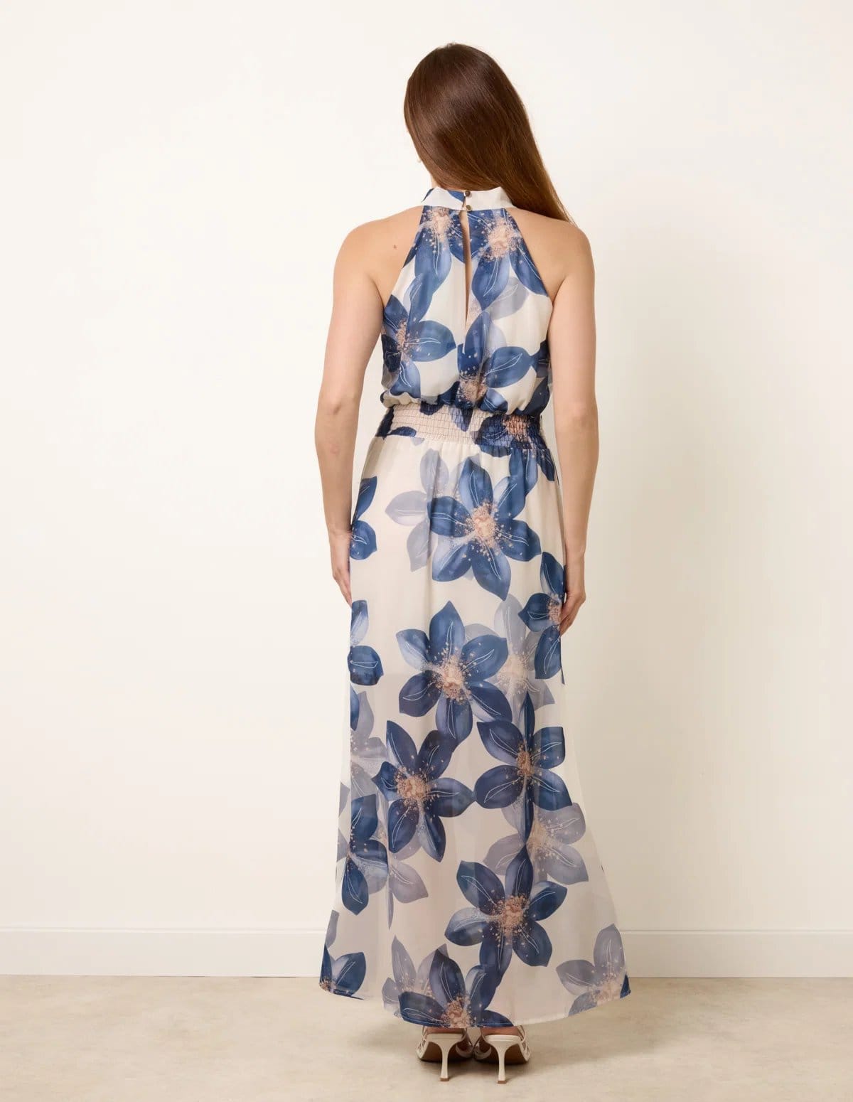 Blue Vanilla Floral Print Halter Neck Occasion Dress - 4