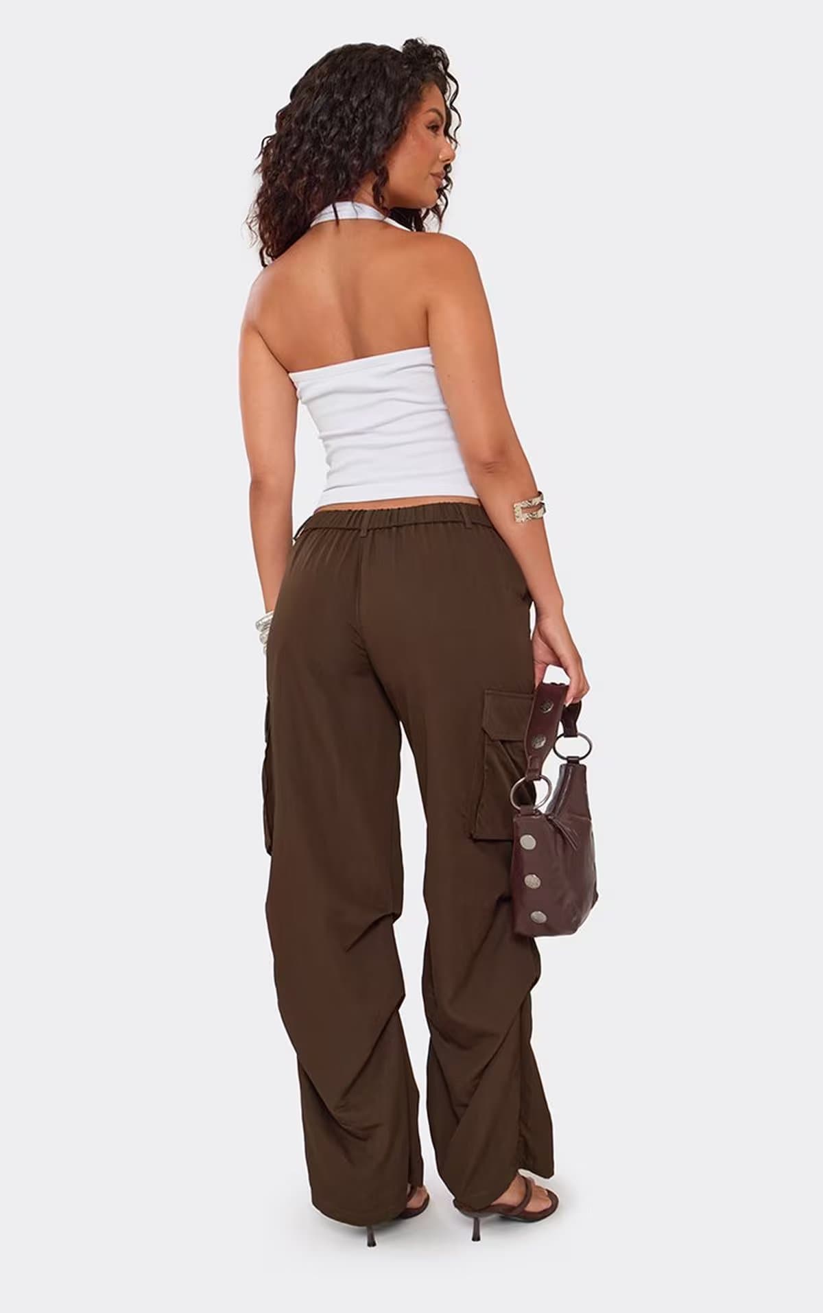 EGO Low Rise Ruched Cargo Trousers In Dark Brown, Women's Size UK 6