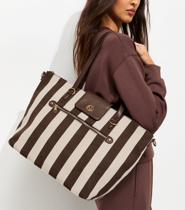 New Look Dark Brown Striped Canvas Faux Leather Trimmed Tote Bag New Look - 2