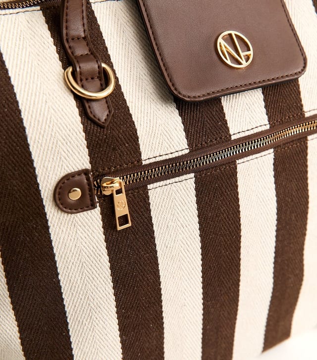 New Look Dark Brown Striped Canvas Faux Leather Trimmed Tote Bag New Look - 3