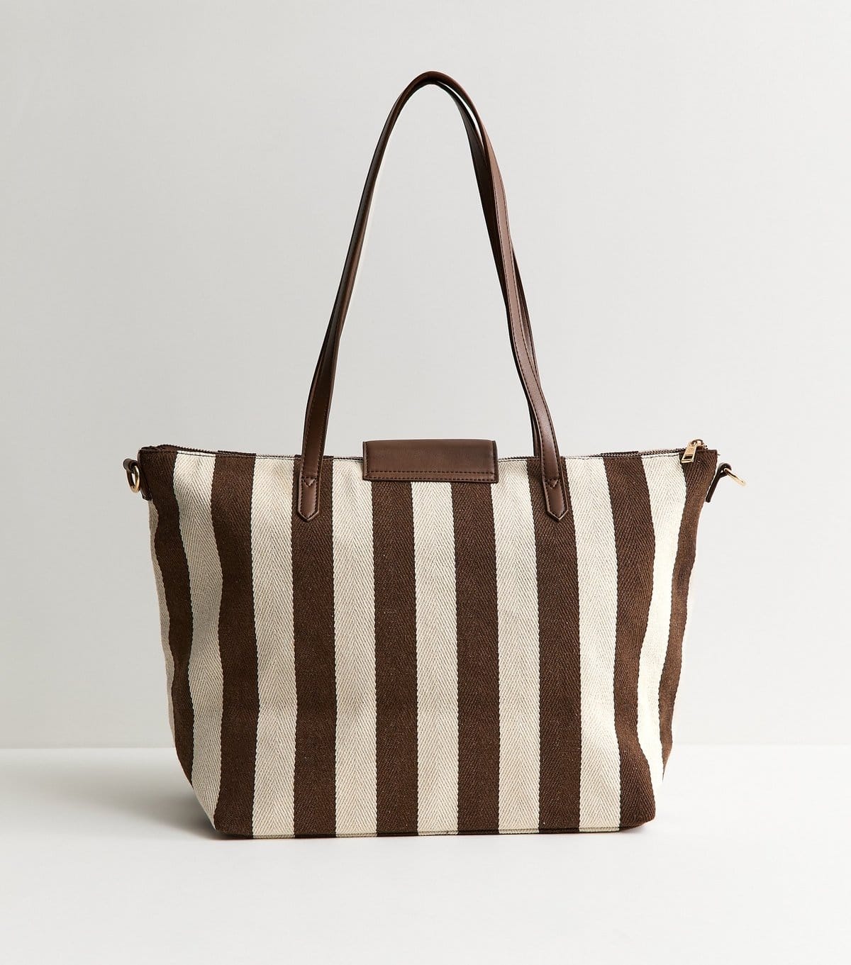 New Look Dark Brown Striped Canvas Faux Leather Trimmed Tote Bag New Look - 4