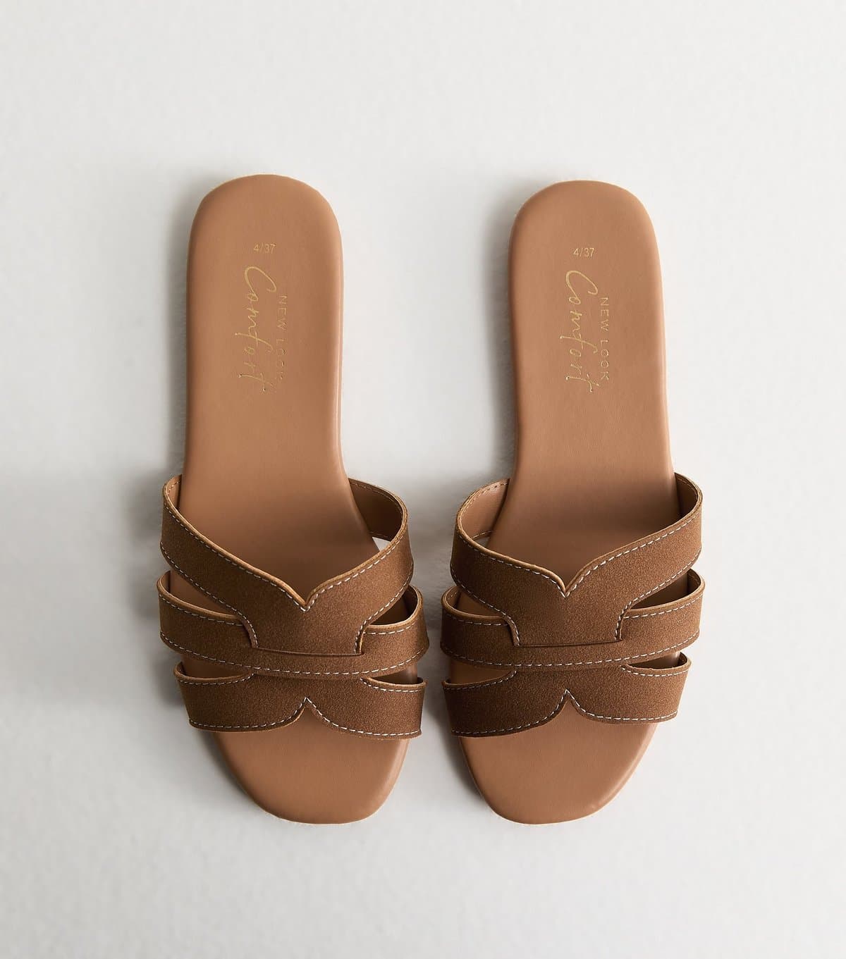 New Look Women's Tan Faux Suede Interwoven Strap Flat Mule Sandals Vegan New Look