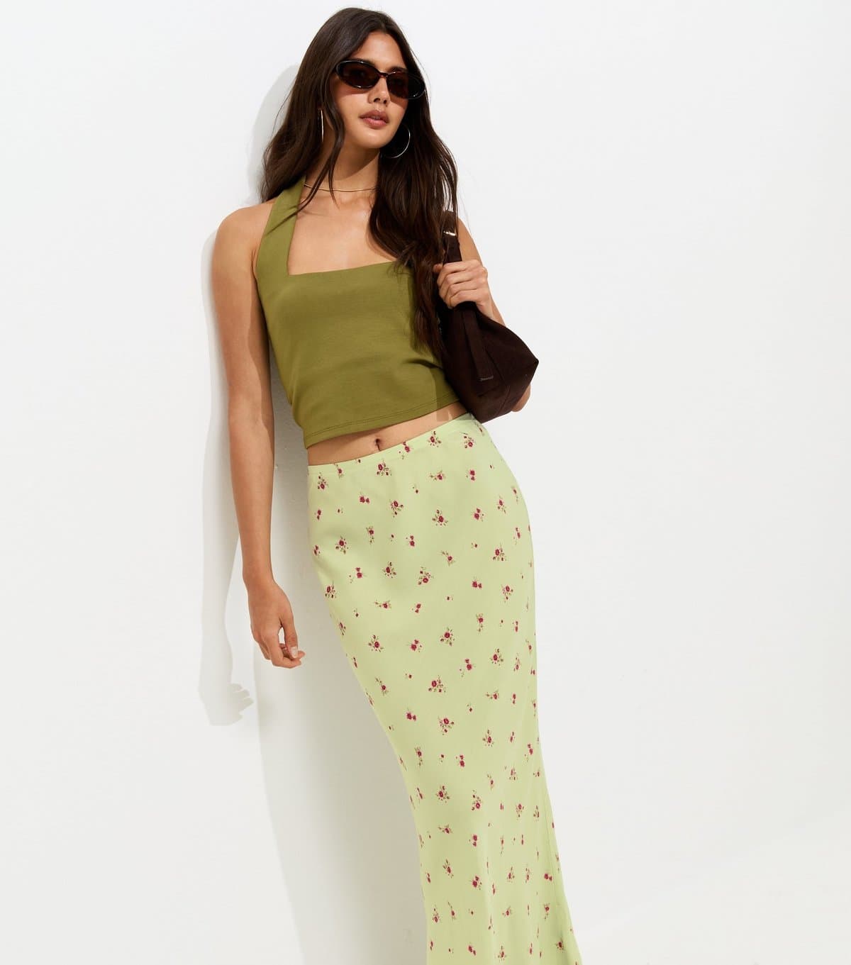 New Look Women's Green Floral Ditsy Print Bias Cut Midi Skirt New Look
