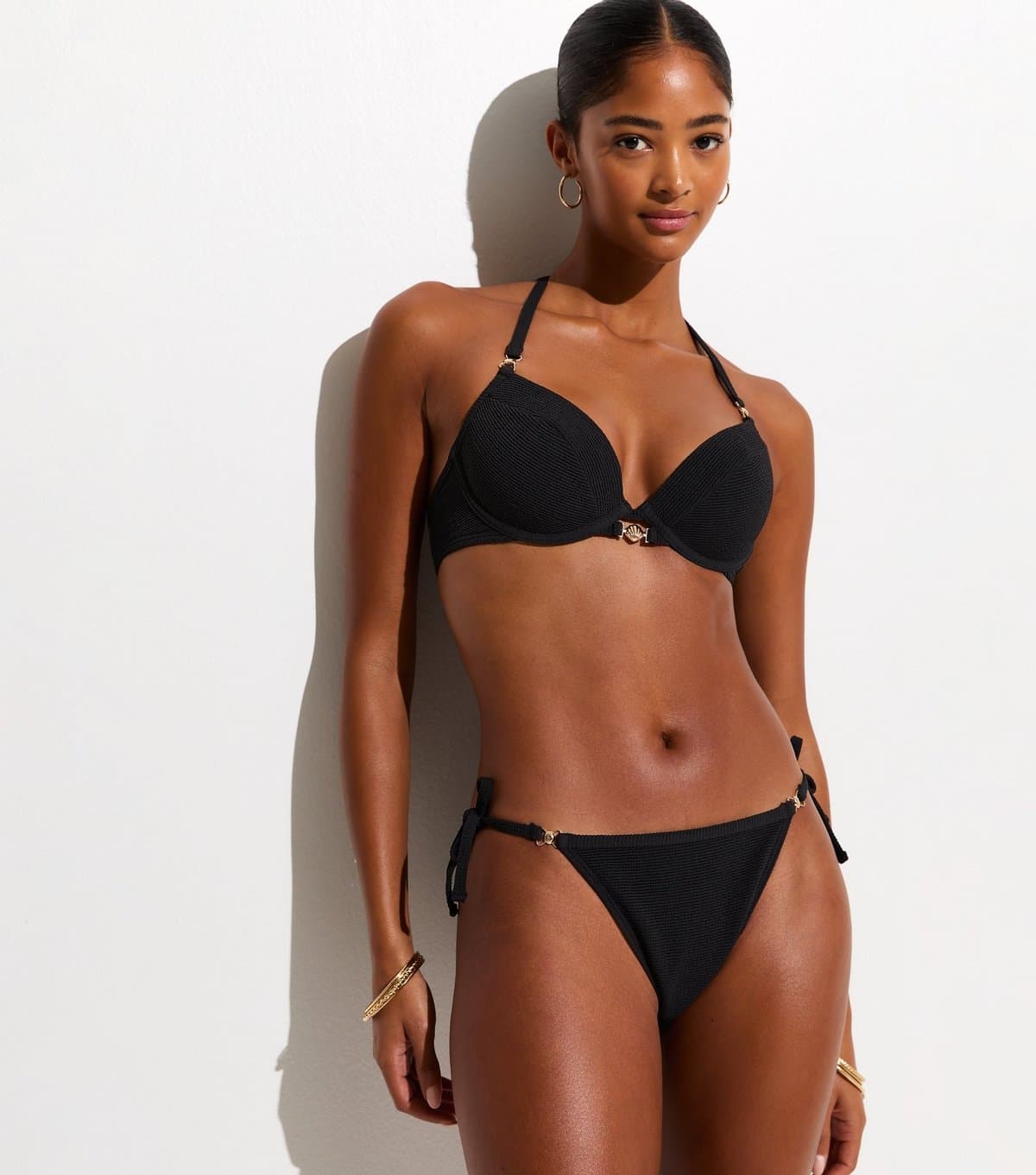 New Look Women's Black Crinkled Shell Trim Side Tie Bikini Bottoms New Look