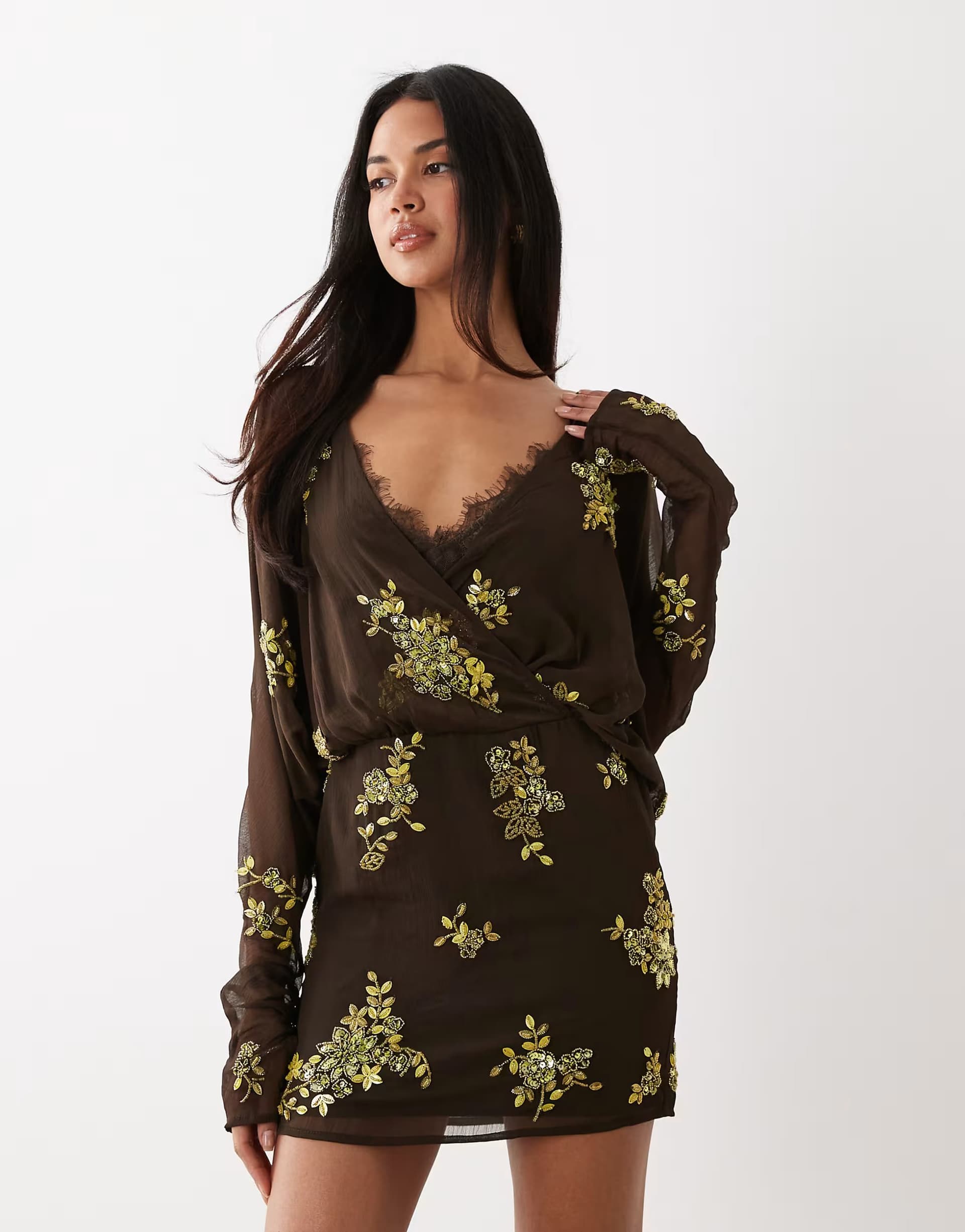ASOS ASOS DESIGN batwing embellished slouchy hip mini dress with lace cami in chocolate and lime