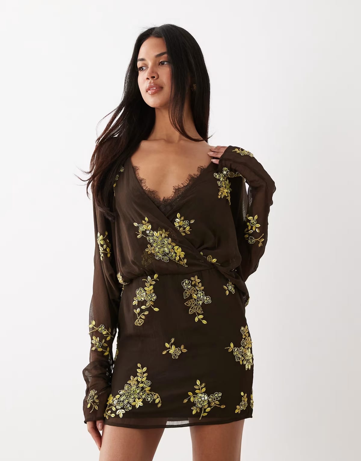 ASOS ASOS DESIGN batwing embellished slouchy hip mini dress with lace cami in chocolate and lime - 1
