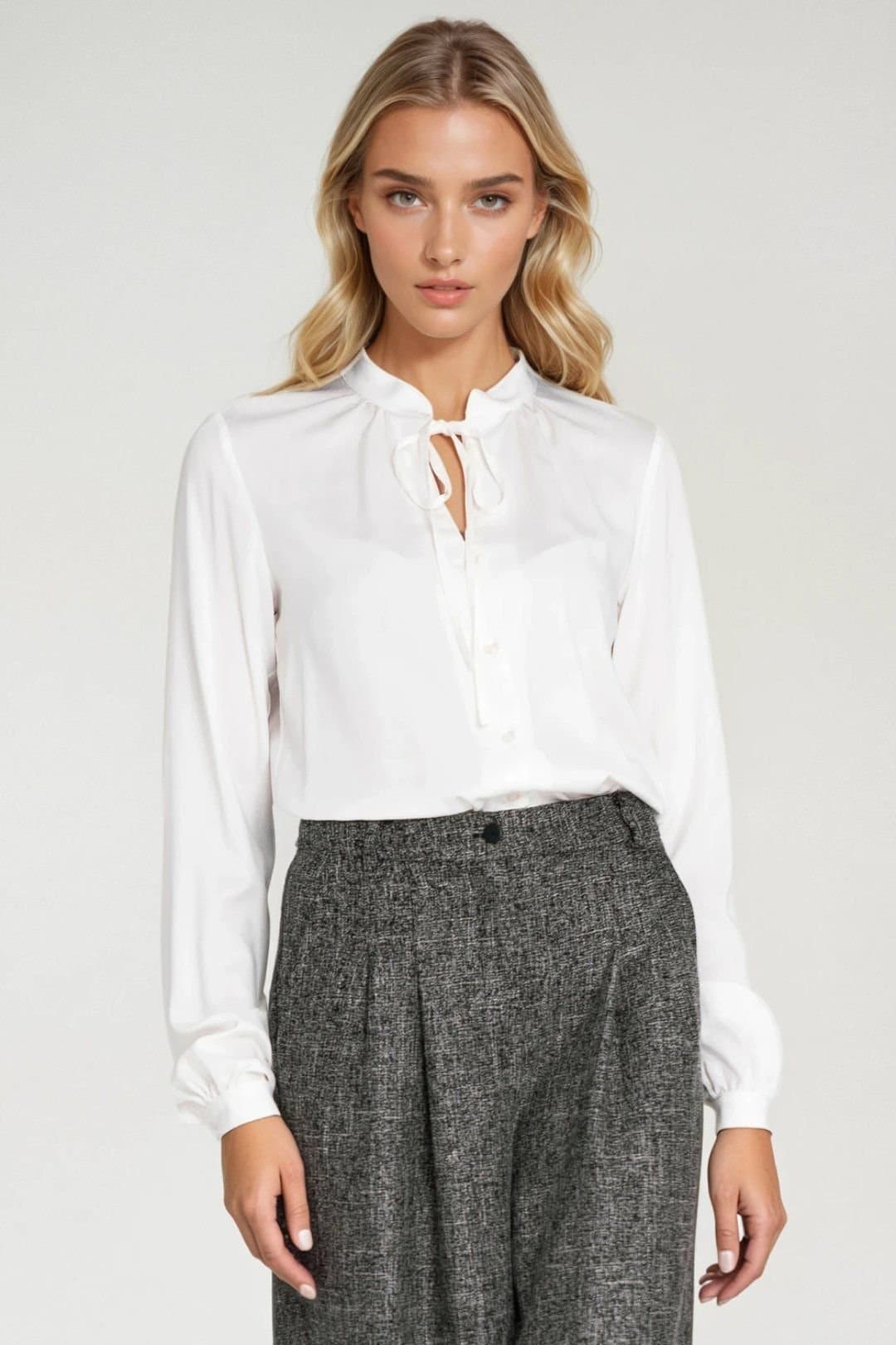 Love Lace Love Lace Women's Viscose Tie Neck Long Sleeve Button Blouse in White