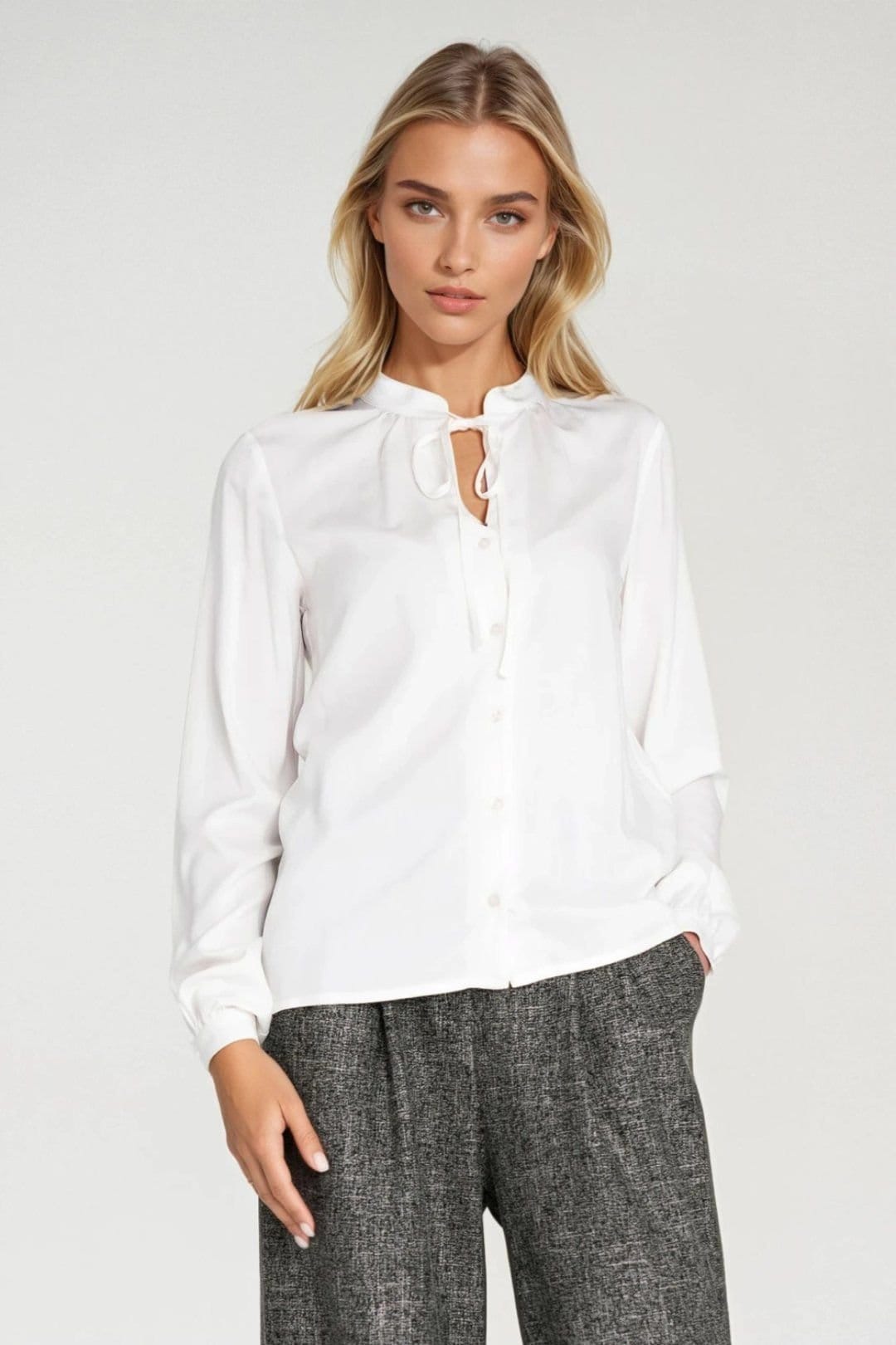 Love Lace Love Lace Women's Viscose Tie Neck Long Sleeve Button Blouse in White - 4