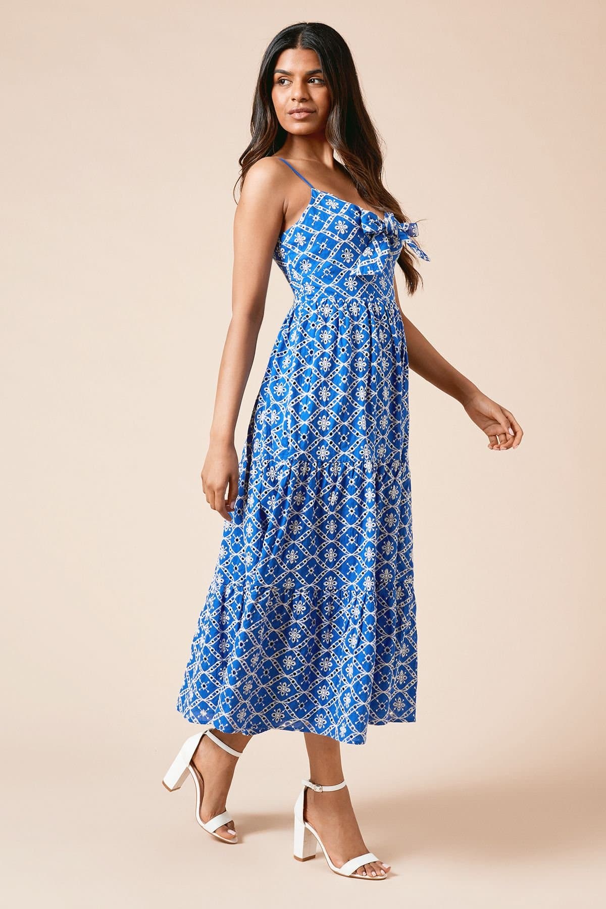 Dorothy Perkins Dorothy Perkins Women's Petite Tie Front Broderie Midi Dress in Cobalt