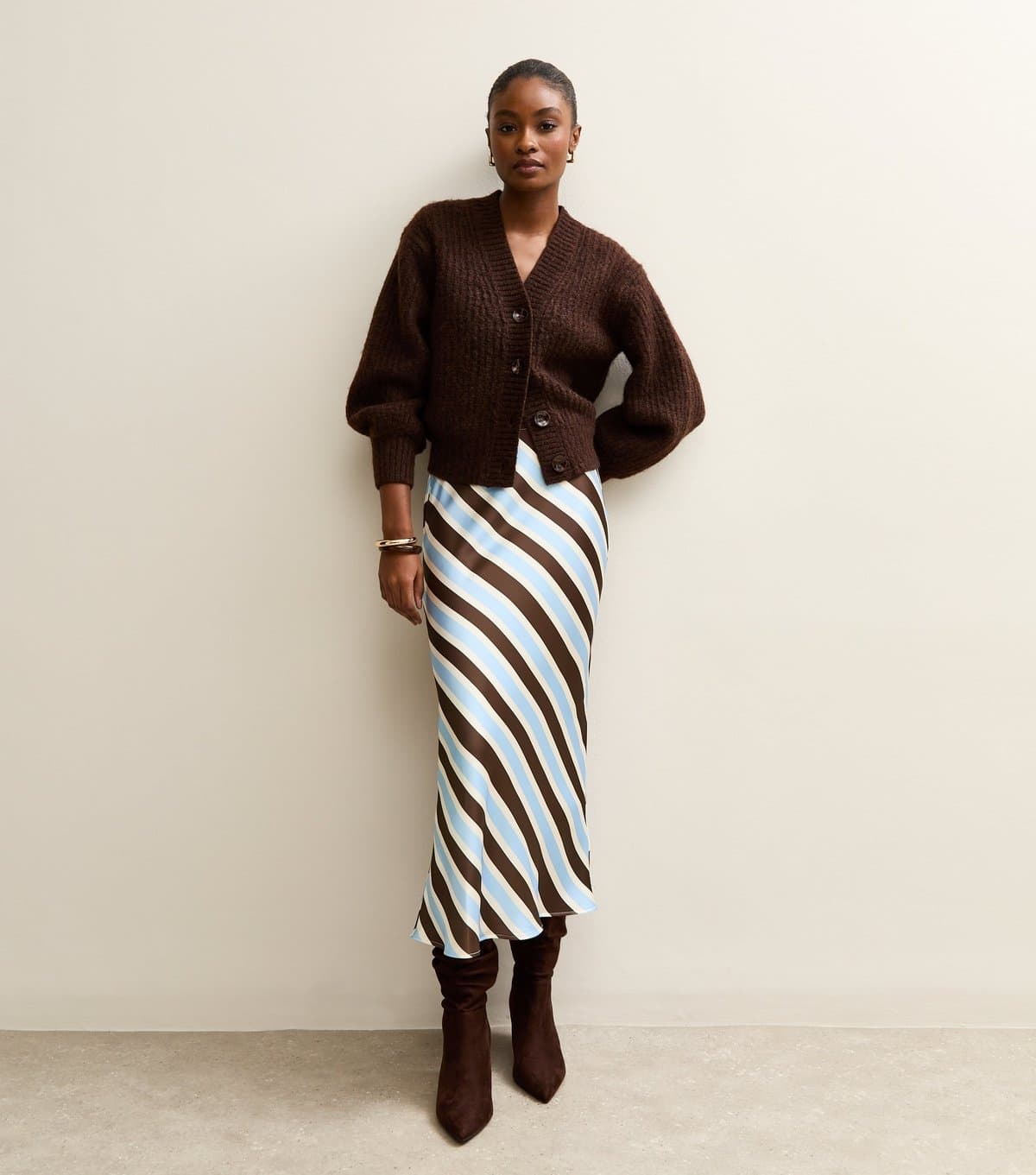 New Look Women's Brown Satin Striped Bias Cut Midi Skirt New Look