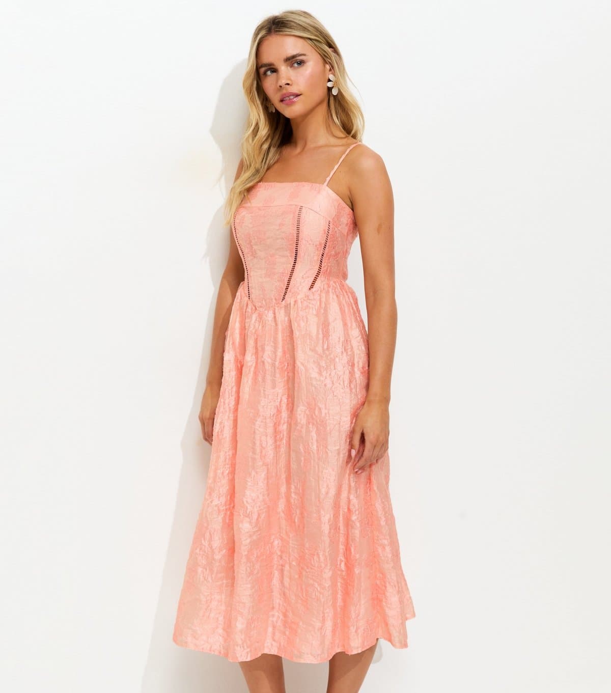 New Look Women's Petite Light Coral Glitter Floral Jacquard Midi Dress New Look