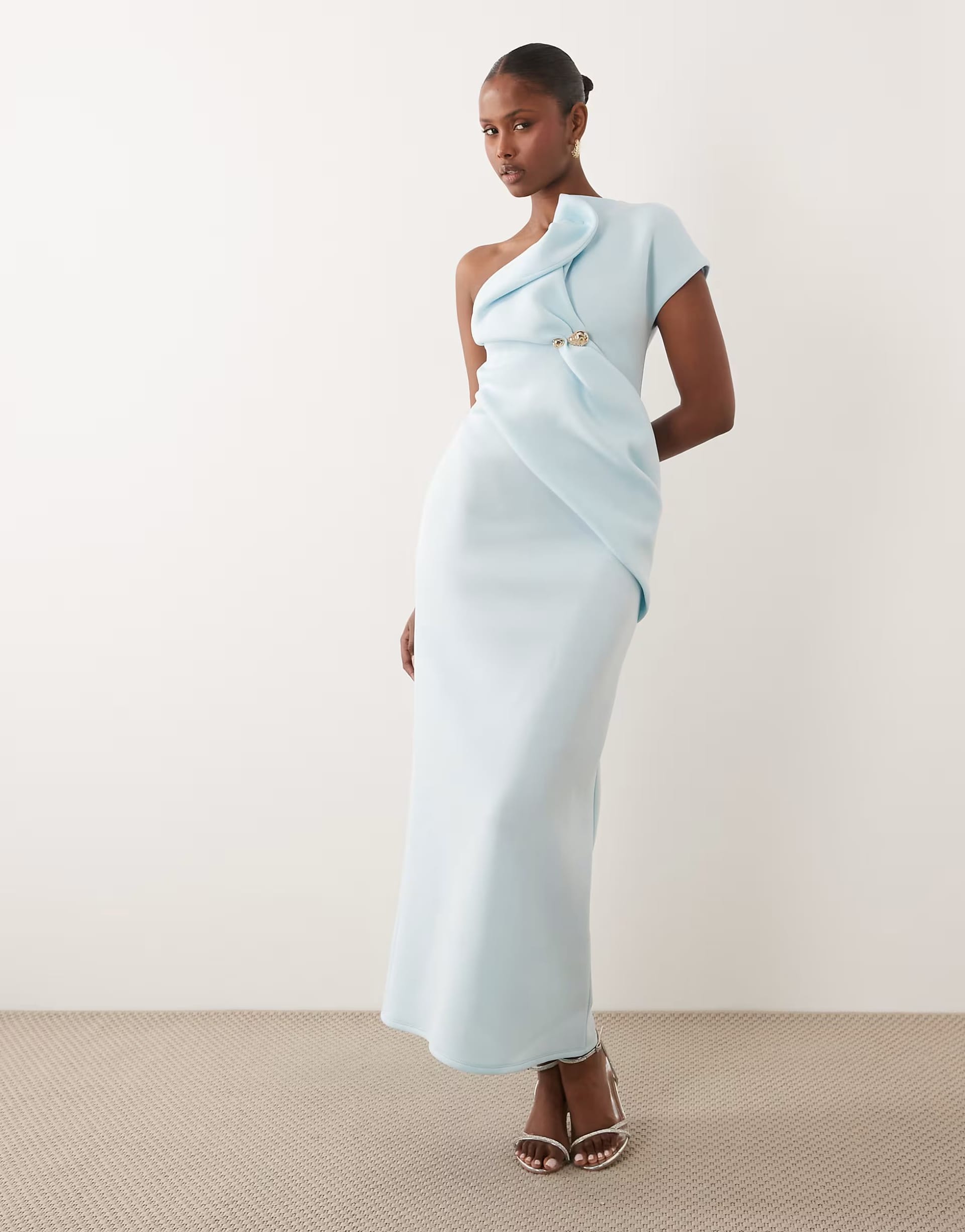 ASOS DESIGN Light Blue Scuba Asymmetric One-Shoulder Midi Dress
