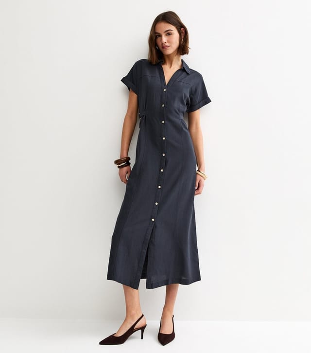 New Look Women's Navy Linen Blend Shirt Midi Dress New Look - 3