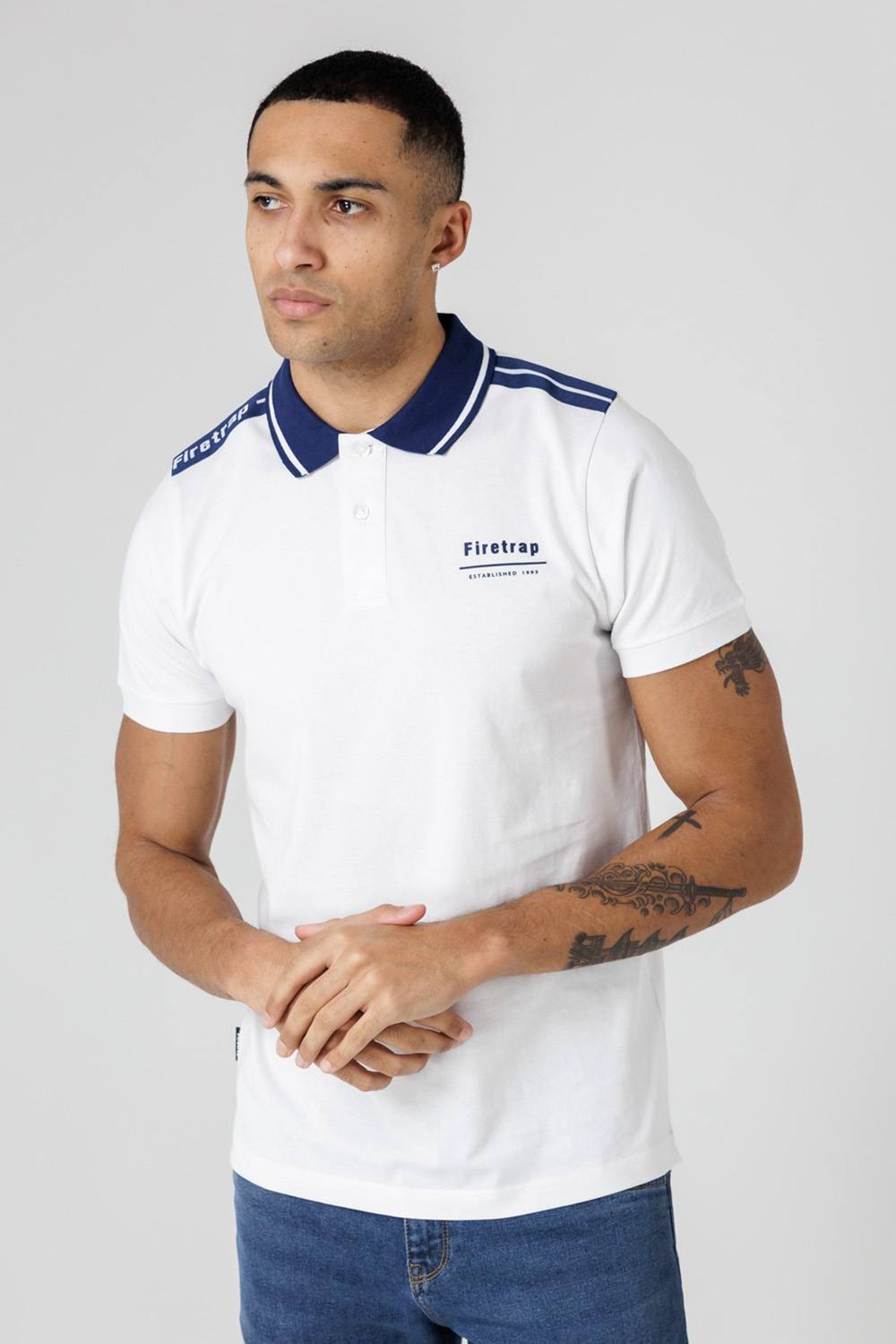 Firetrap Firetrap Men's Regular Fit Cotton Jersey Polo with Taping in White - 2