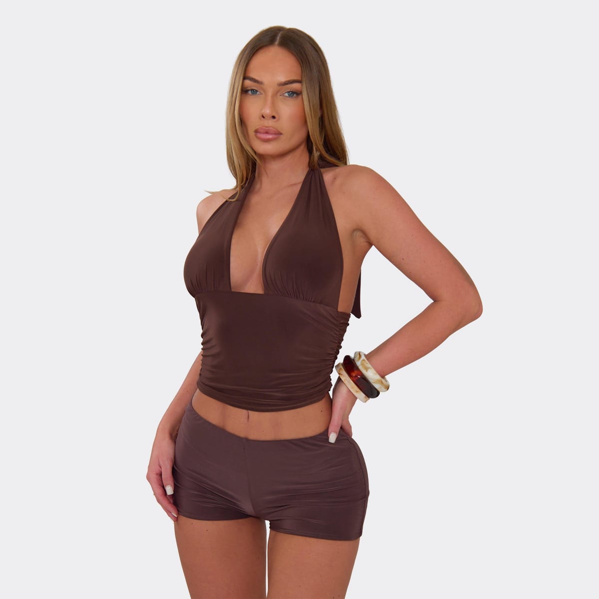 EGO Plunge Halterneck Ruched Top In Brown Slinky, Women's Size UK 4 - 1
