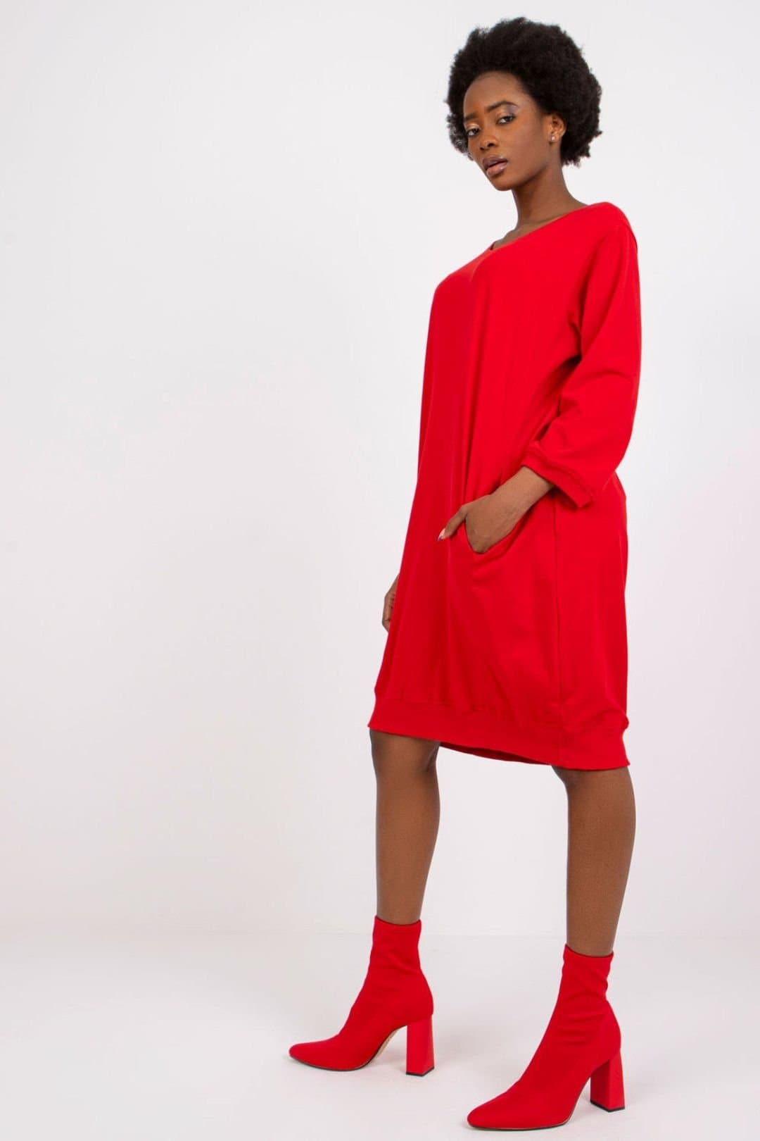 Love Lace Love Lace Women's Cotton Loose Fit Dress with 3/4 Sleeves in Red