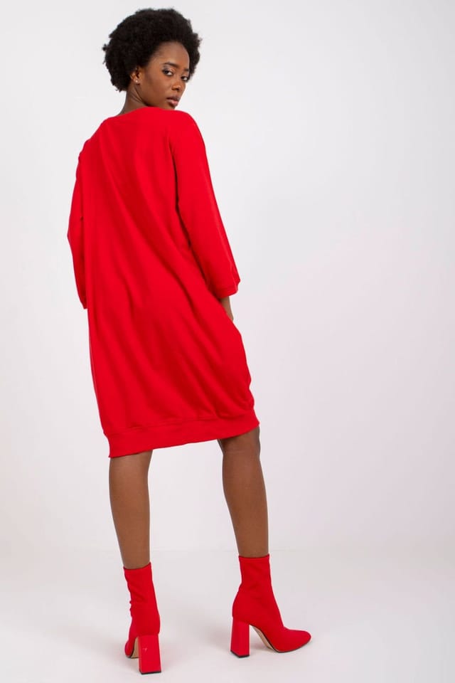 Love Lace Love Lace Women's Cotton Loose Fit Dress with 3/4 Sleeves in Red - 3