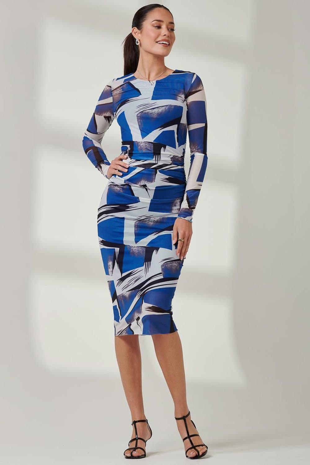 Jolie Moi Jolie Moi Women's Long Sleeve Mesh Bodycon Maxi Dress in Bright Blue