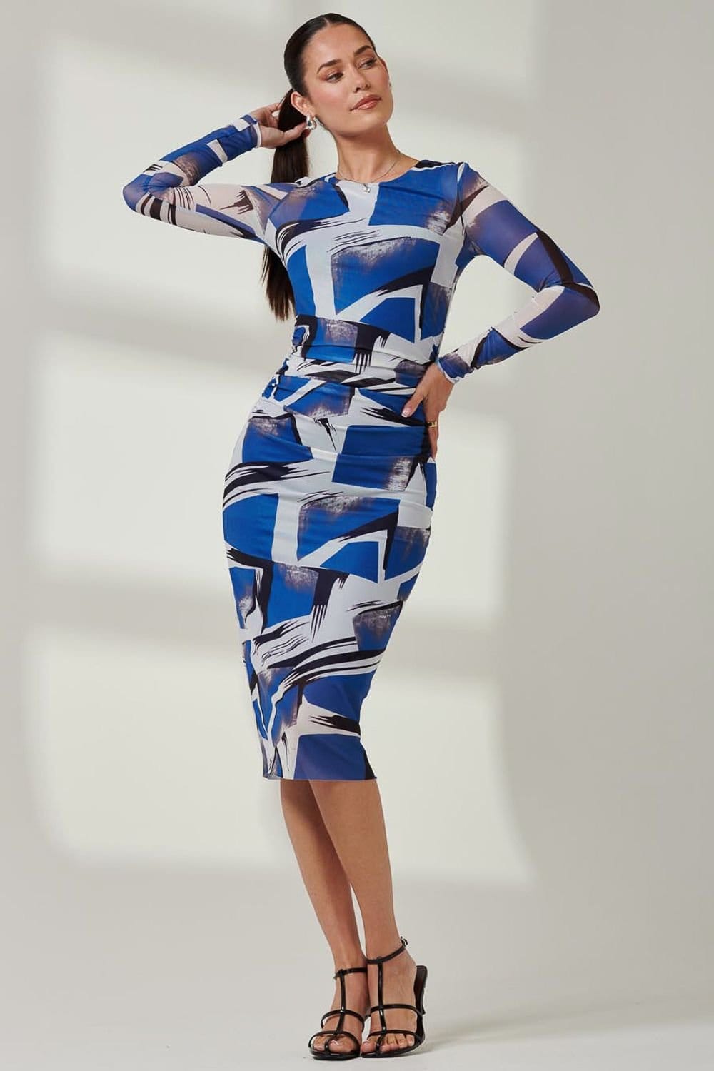 Jolie Moi Jolie Moi Women's Long Sleeve Mesh Bodycon Maxi Dress in Bright Blue - 4
