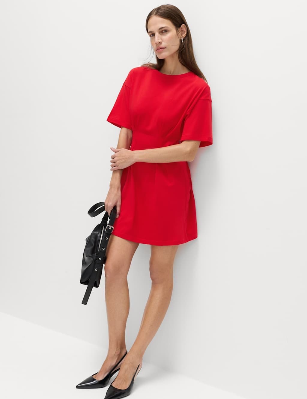 Marks & Spencer M&S Pure Cotton Waisted Mini T-Shirt Dress Chilli