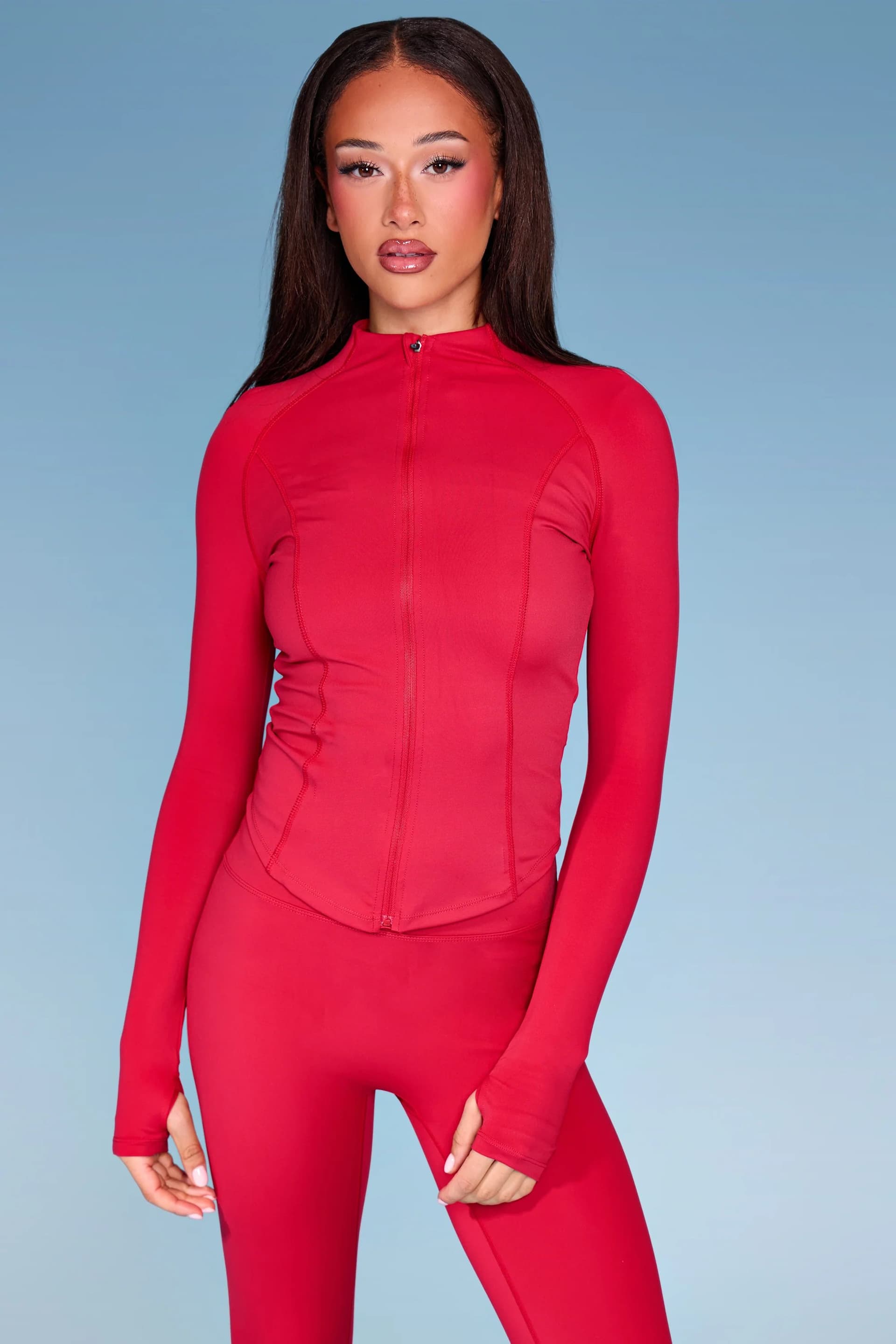 Kaiia Kaiia Sculpt Long Sleeve Zip Through Fitted Jacket Deep Red