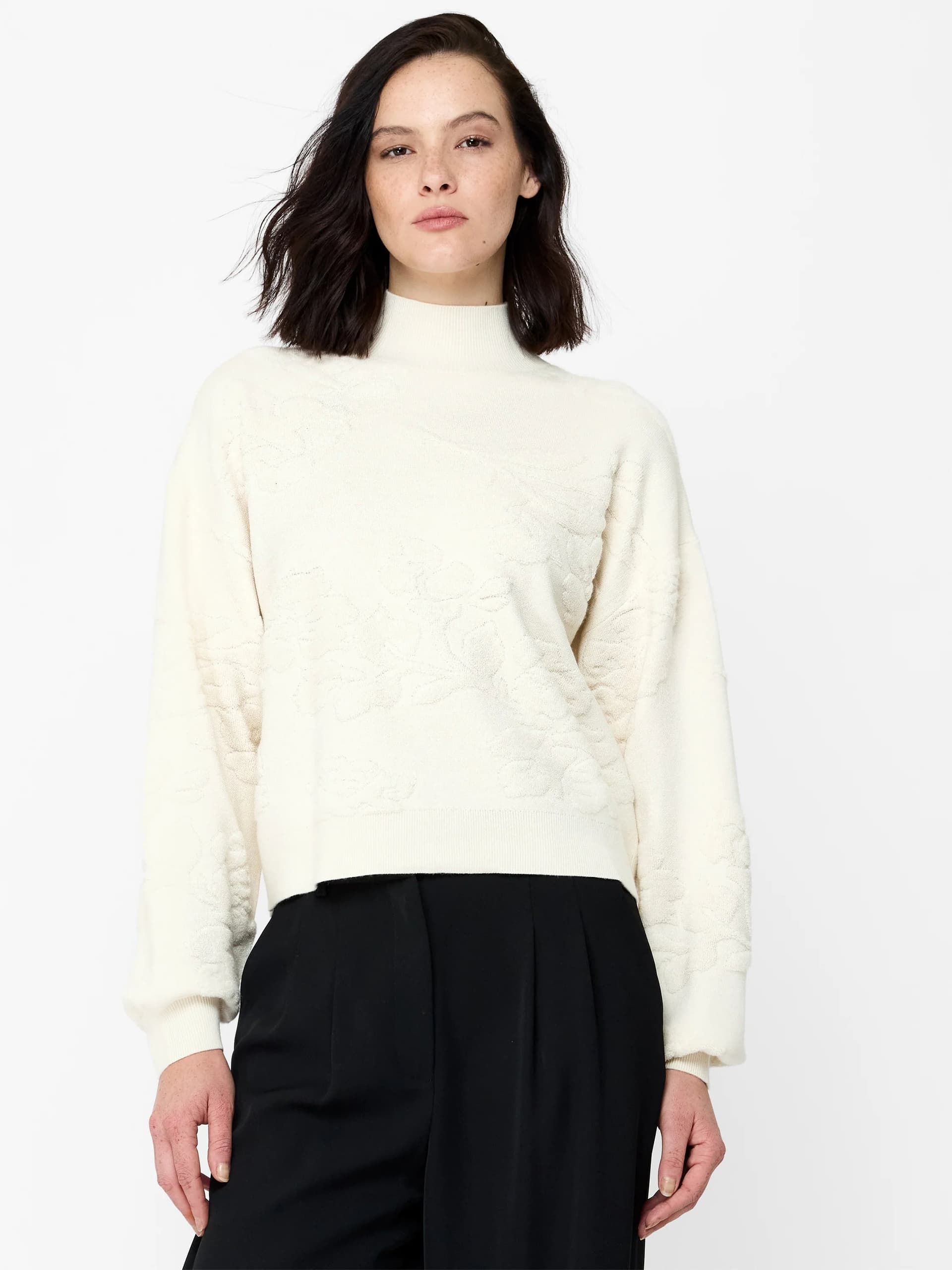 French Connection Cream Intarsia Floral Knit Jumper Porcelain Cream