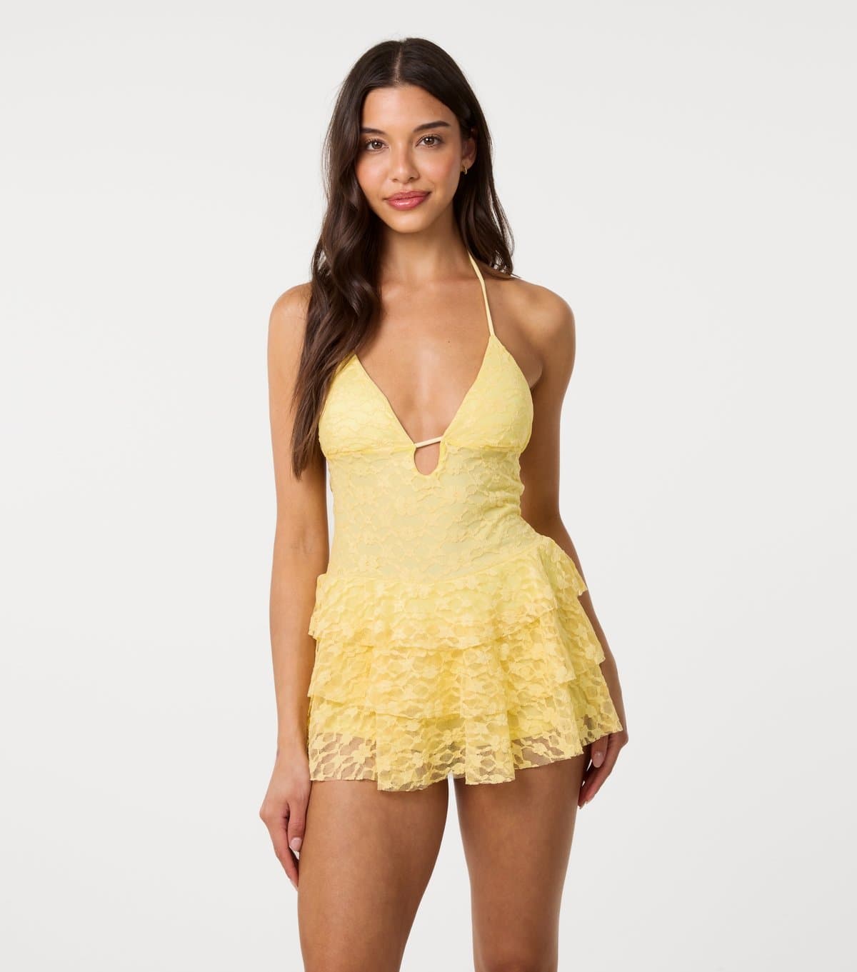 Pink Vanilla Women's Light Yellow Lace Halter Neck Mini Dress Pink Vanilla New Look