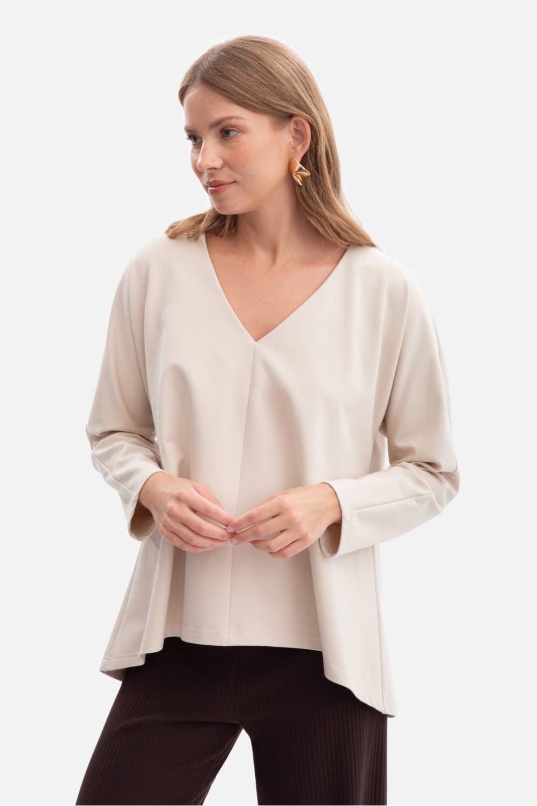 Love Lace Love Lace Women's Smooth Jersey V Neck Oversized Blouse in Beige