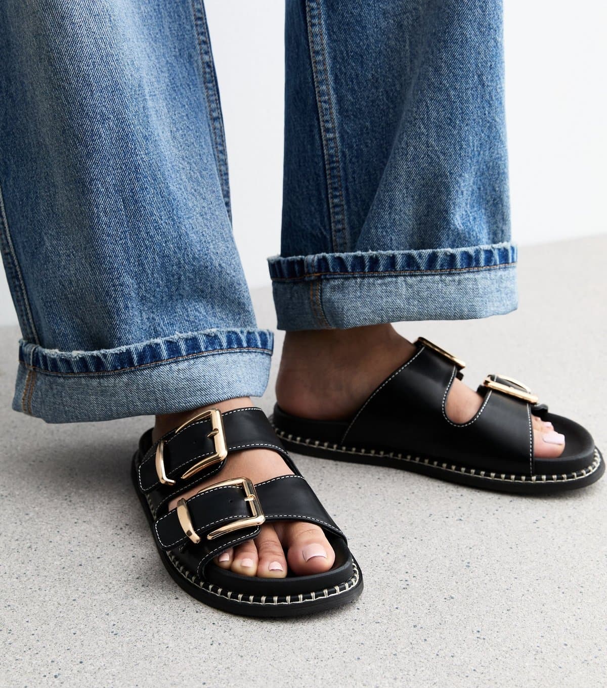 New Look Women's Black Faux Leather Whipstitched Sole Sandals Vegan New Look