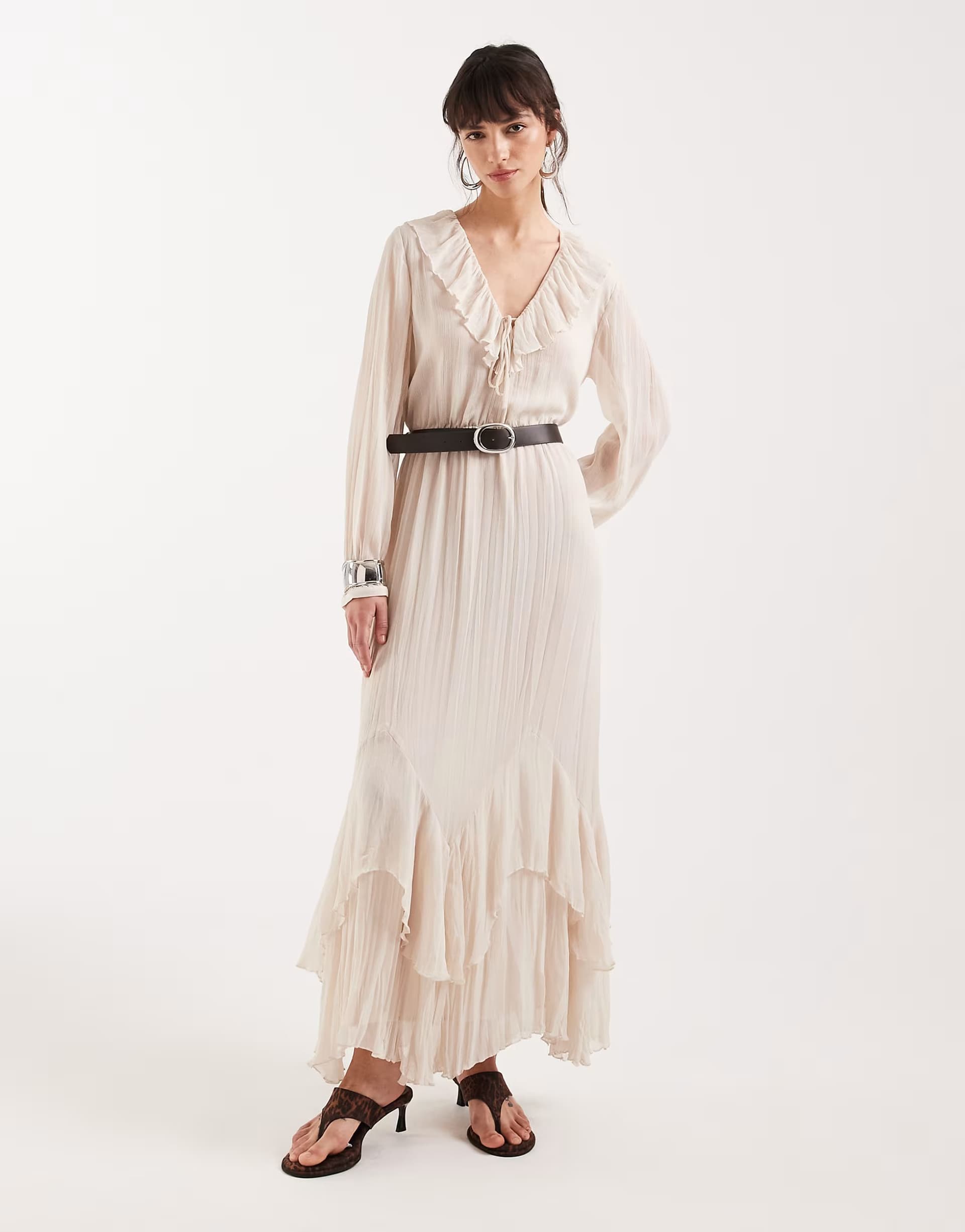 ASOS Mango frill detail plunge maxi dress in natural