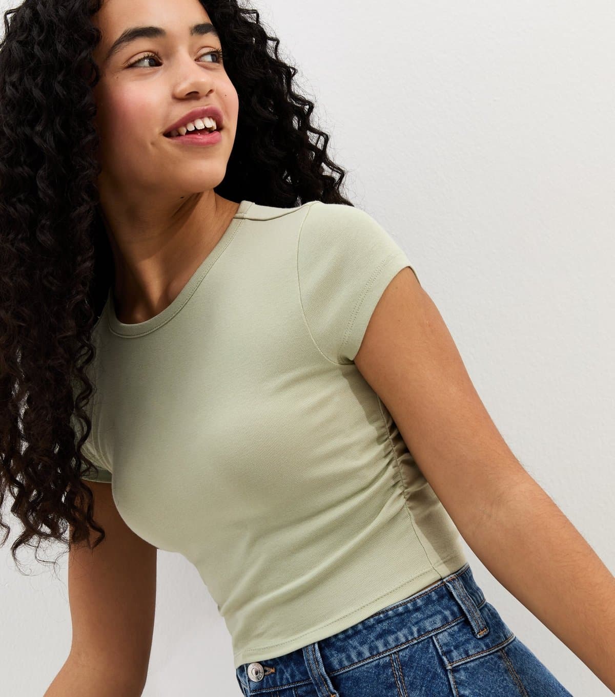 New Look Girls' Light Khaki Ruched Side Cap Sleeve T-Shirt New Look