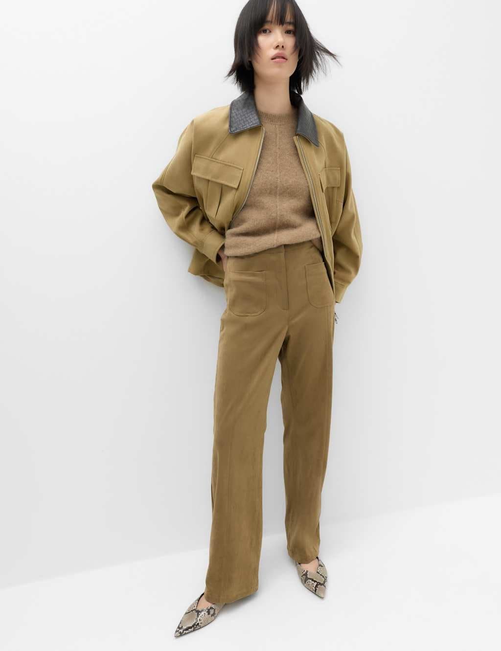 Marks & Spencer M&S Faux Suede Straight Leg Trousers Pale Green