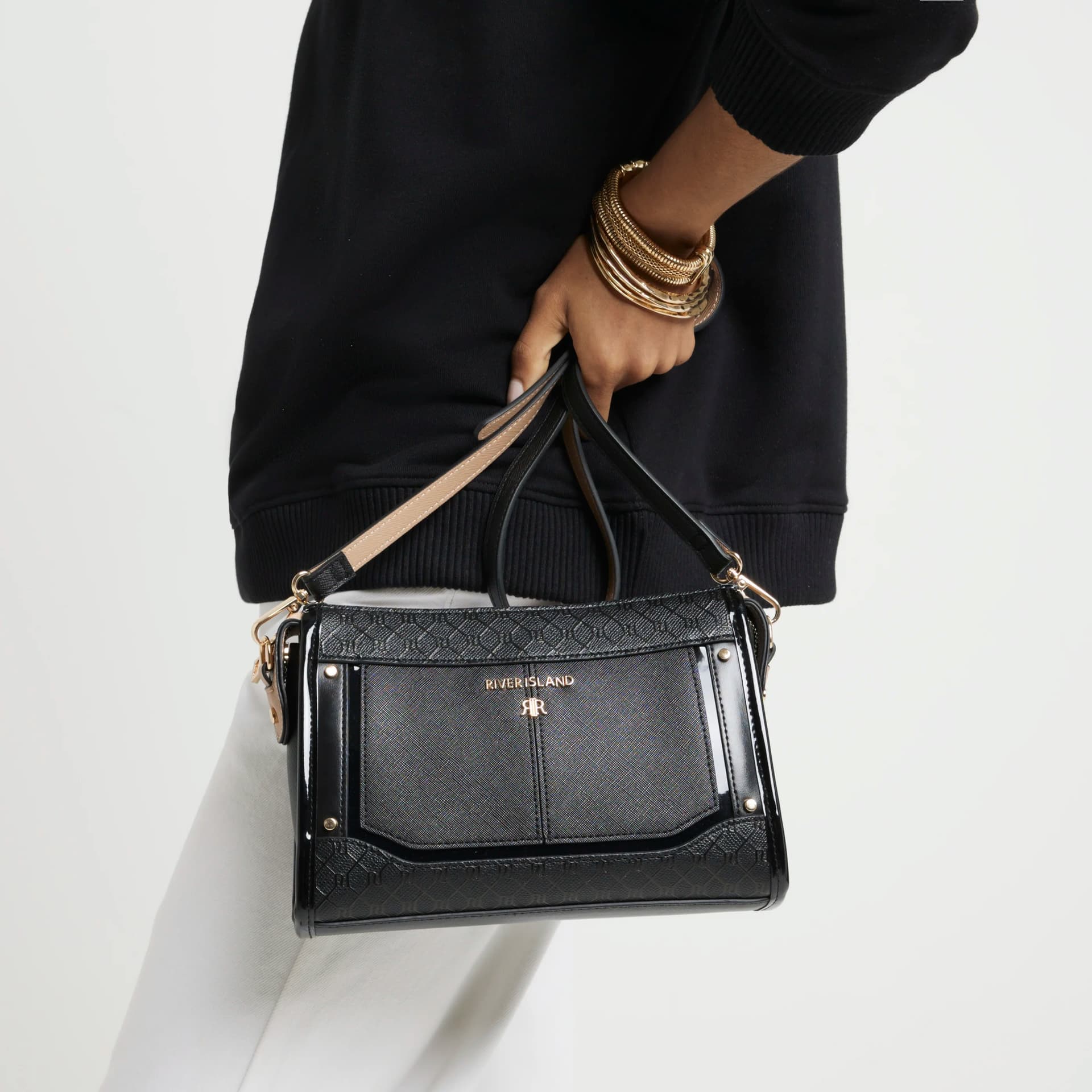 River Island River Island Womens Black Ri Monogram Panel Cross Body Bag