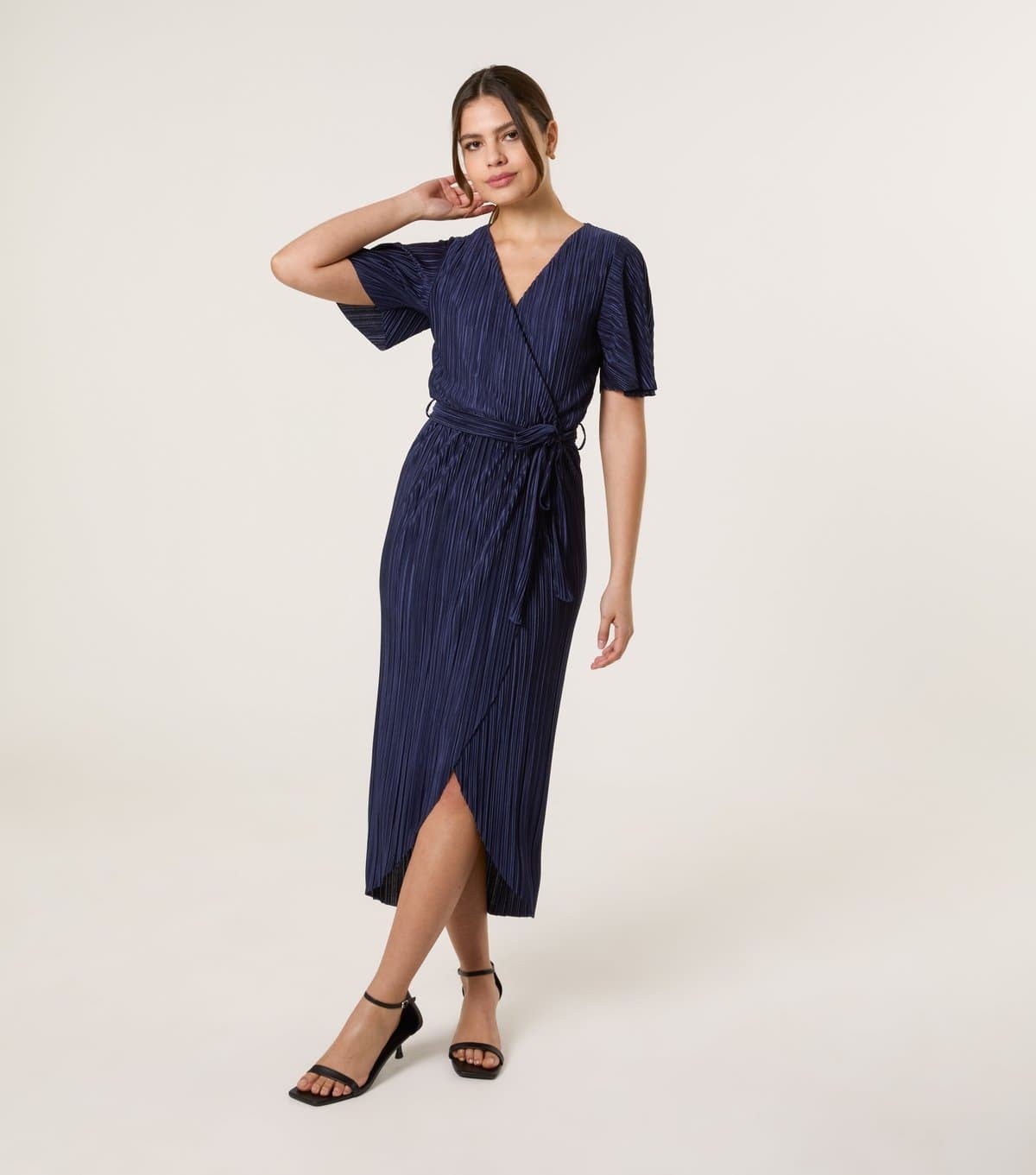 Blue Vanilla Women's Navy Plisse Wrap Midi Dress Blue Vanilla New Look