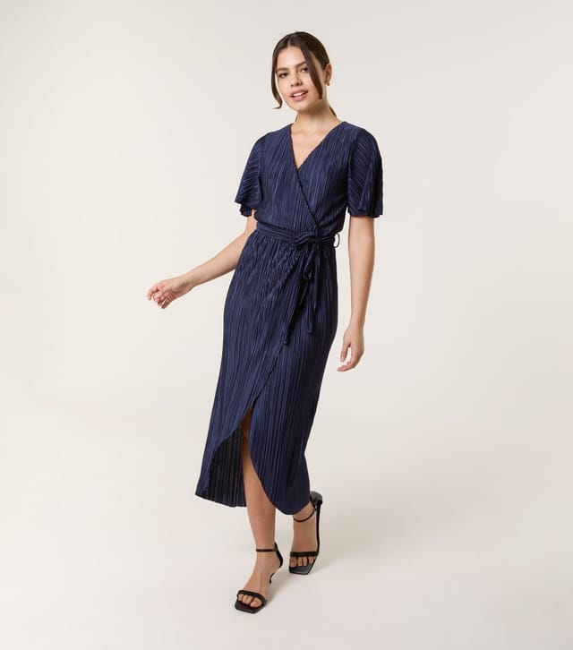 Blue Vanilla Women's Navy Plisse Wrap Midi Dress Blue Vanilla New Look - 3