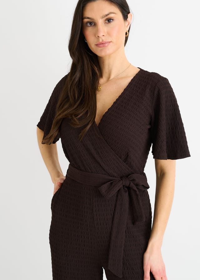 Gini London Gini London Women's Chocolate Textured Jersey Wrap Wide Leg Jumpsuit - 2
