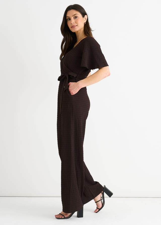 Gini London Gini London Women's Chocolate Textured Jersey Wrap Wide Leg Jumpsuit - 3