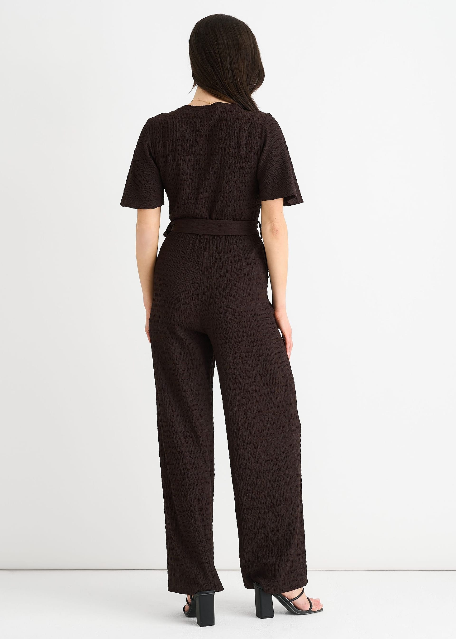 Gini London Gini London Women's Chocolate Textured Jersey Wrap Wide Leg Jumpsuit - 4