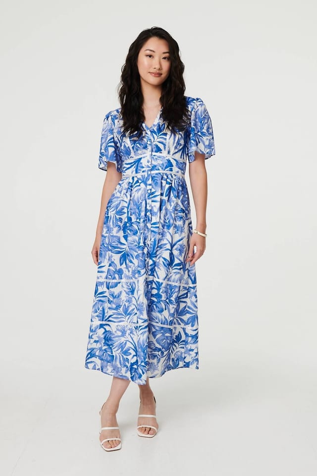 Izabel London Izabel London Women's Leaf Print 1/2 Sleeve Tiered Midi Dress in Blue - 2