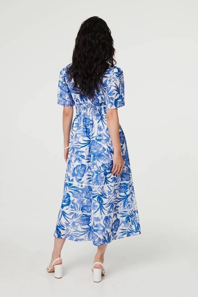 Izabel London Izabel London Women's Leaf Print 1/2 Sleeve Tiered Midi Dress in Blue - 3