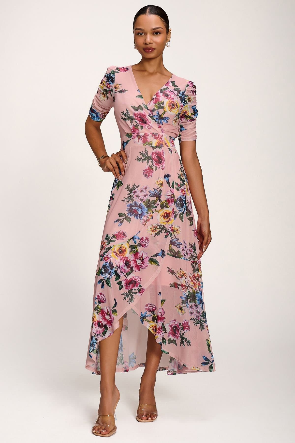 Jolie Moi Jolie Moi Women's Ruched Sleeve Mesh Maxi Dress in Light Pink